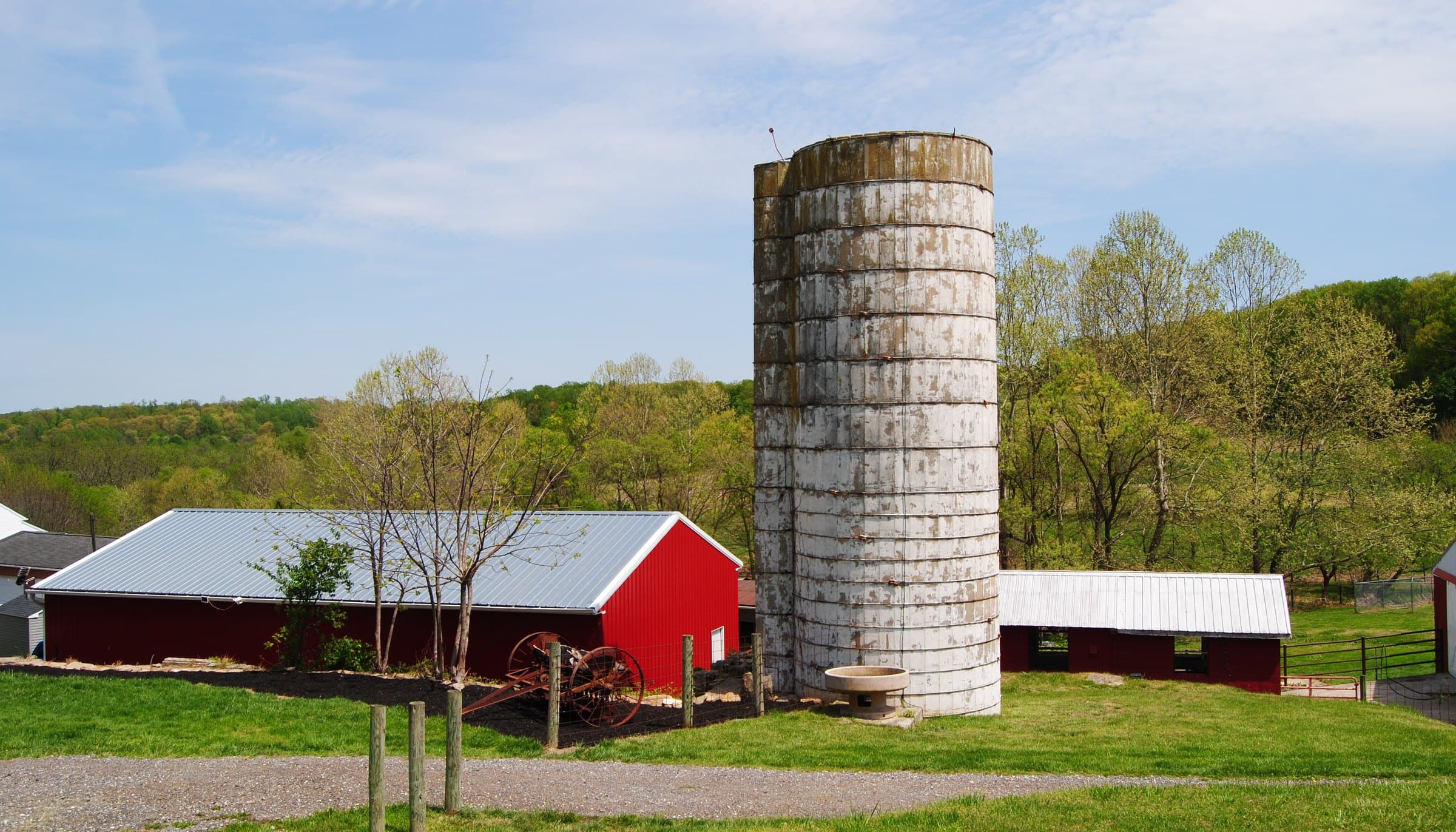The silo and red barns of the Mason Dixon K9 training farm in Carroll County, Maryland